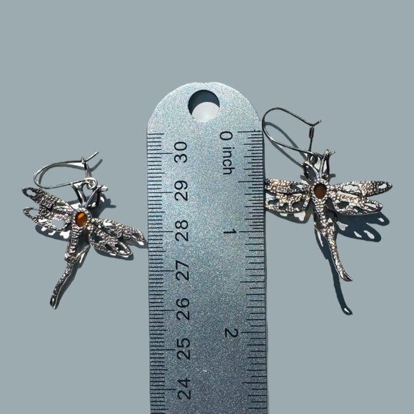 Dragonfly Amber & Sterling Silver 925 Vintage Dangle Earrings - Picture 3 of 9
